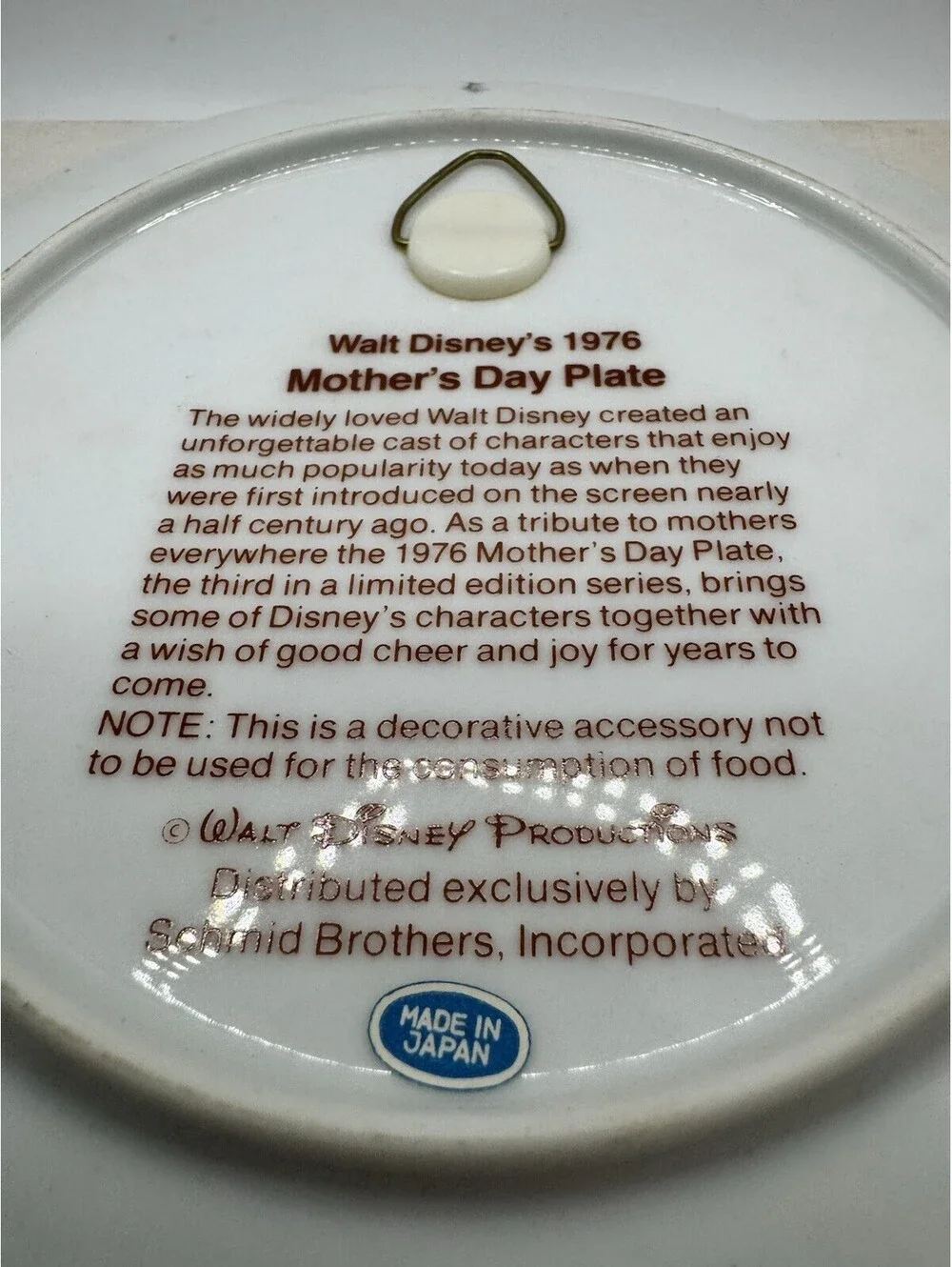 Walt Disney Mother's Day 1976 Limited Edition Plate Schmid Bros Original Box